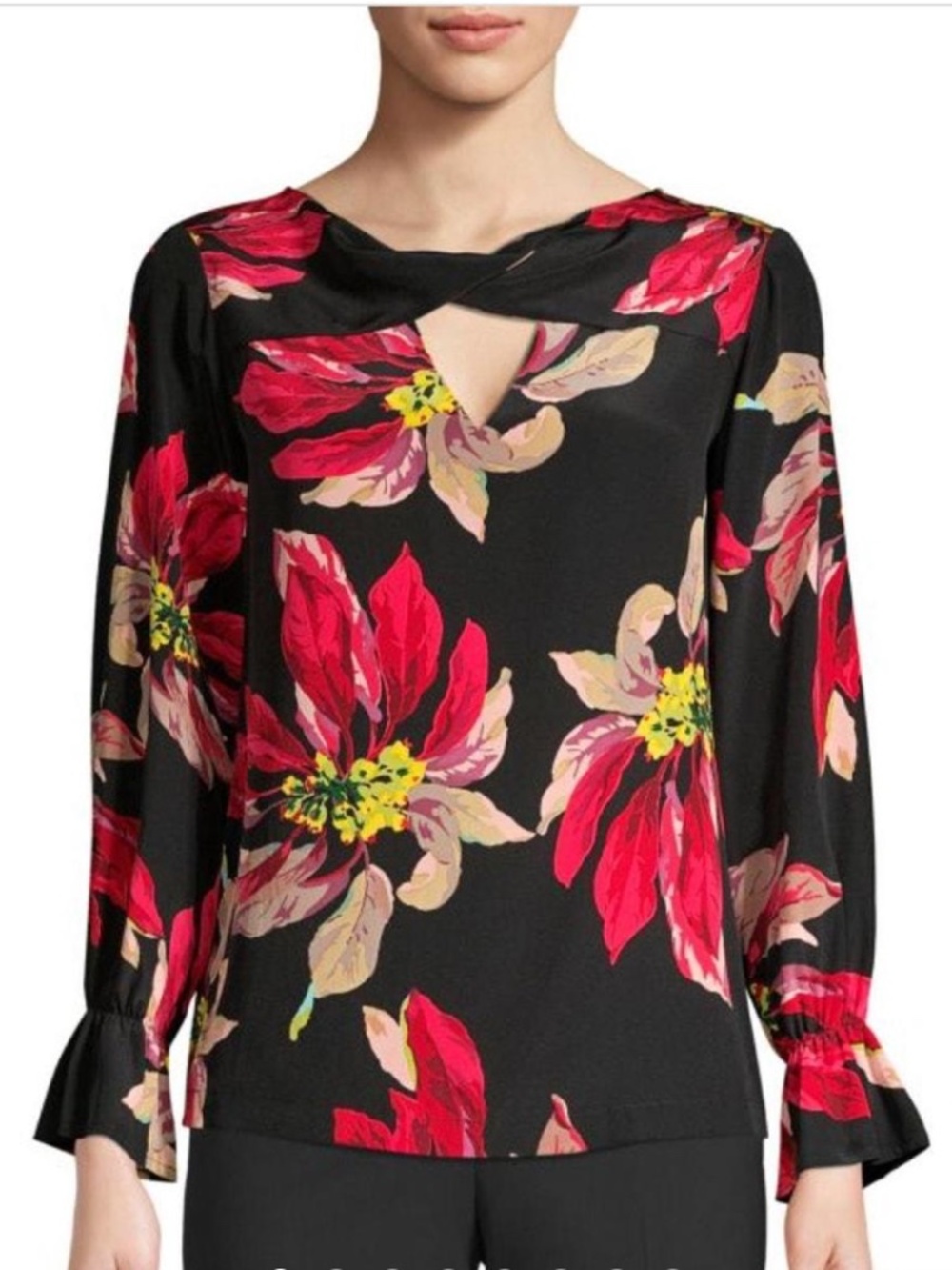 Trina Turk Ayako Floral Double Keyhole Silk Blouse Small Quiet Luxury Holidays